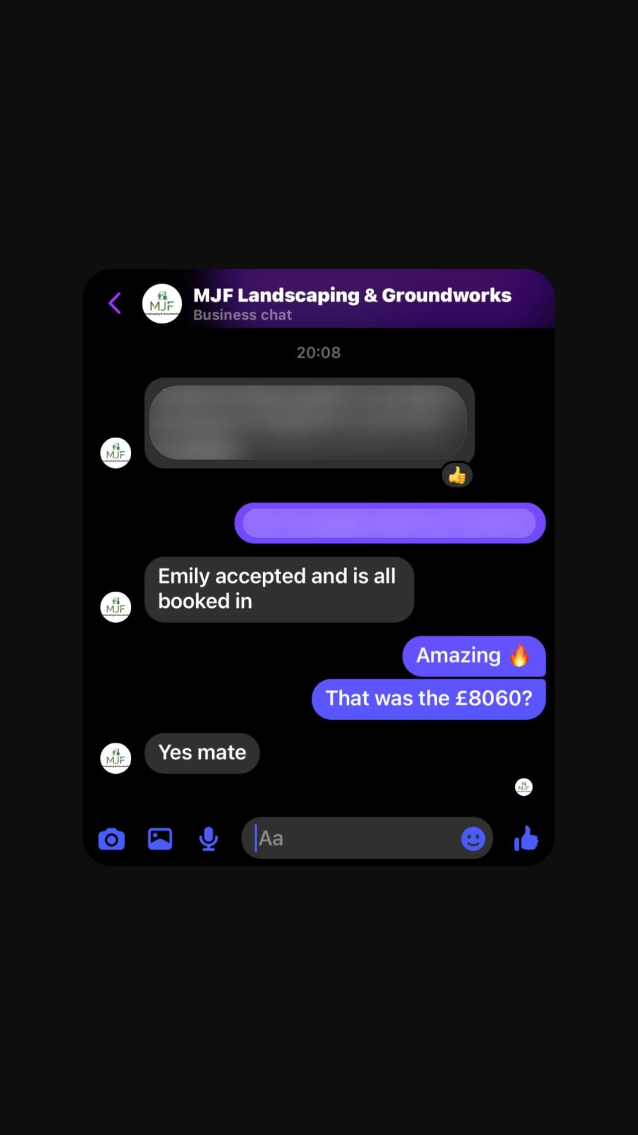 Messenger chat with MJF Landscaping & Groundworks confirming a customer accepted and is booked in for an £8,060 job.