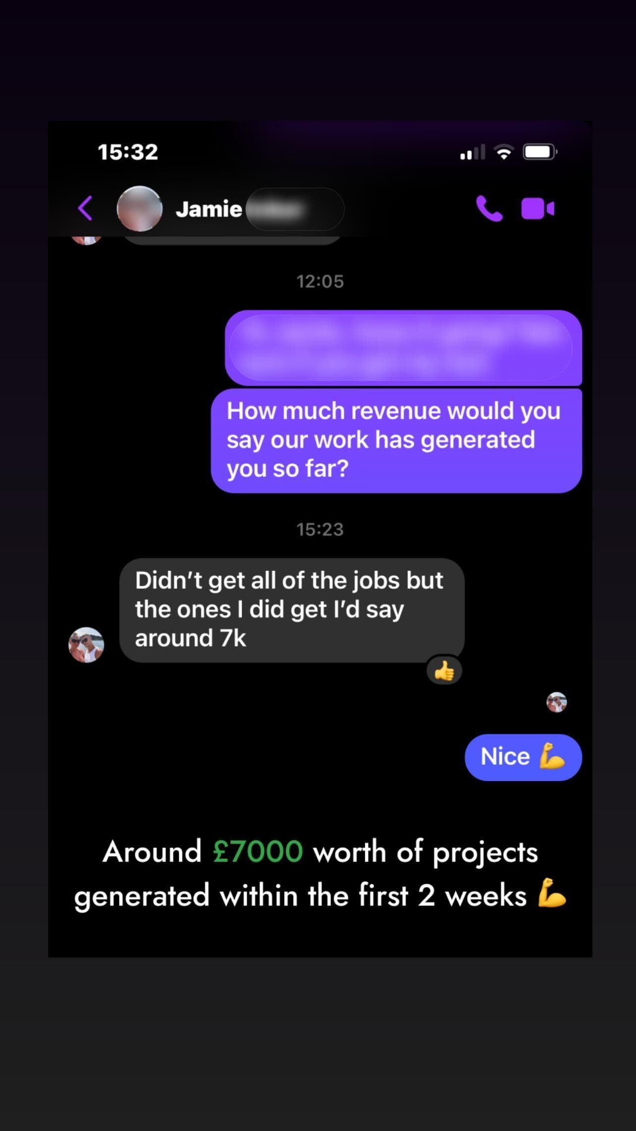 Client messages from Jamie's Fencing & Landscaping showing around £7,000 of work generated within the first two weeks.
